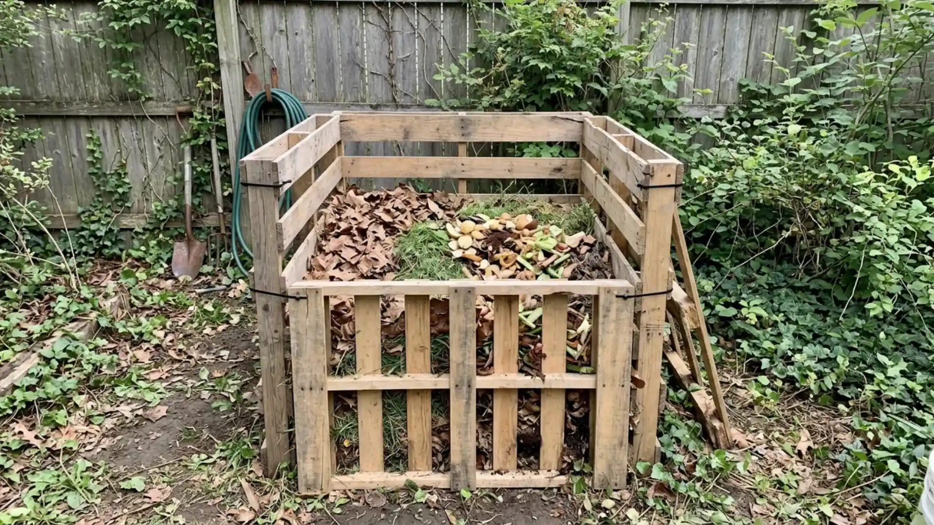 open wood pallet compost bin filled with leaves and kitchen scraps in backyard