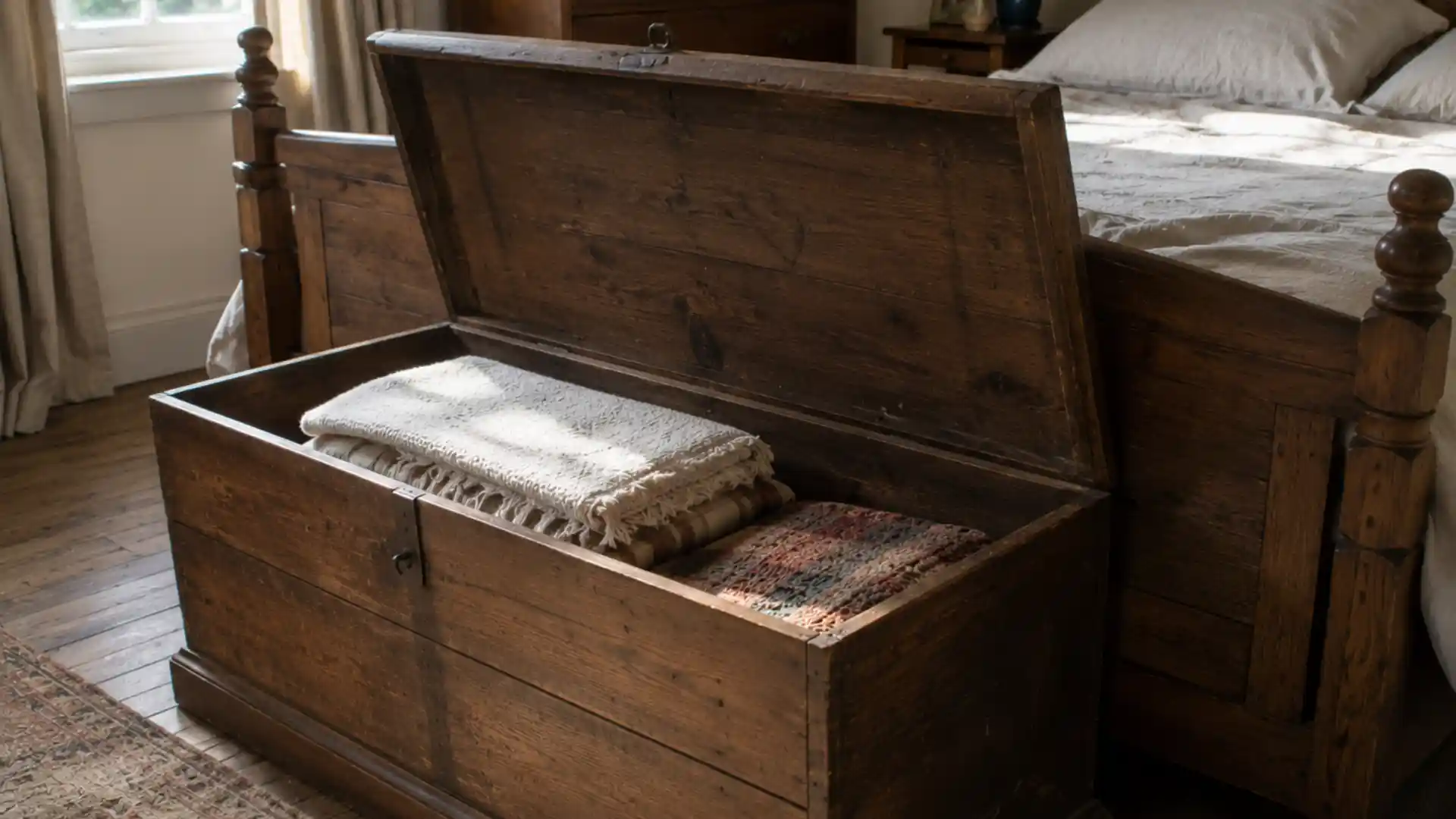 open wooden chest storing folded blankets at the foot of a bed