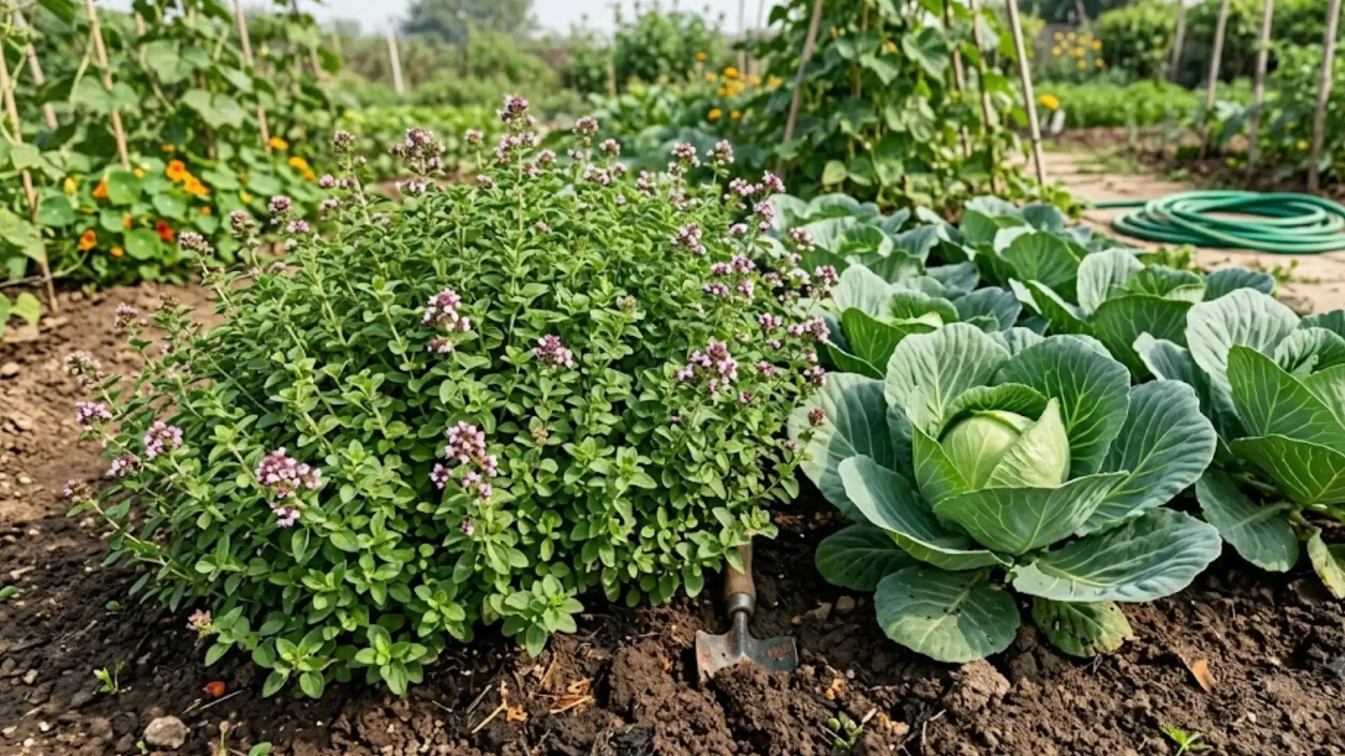 oregano growing beside cabbage plants in rich soil as a useful companion planting herb
