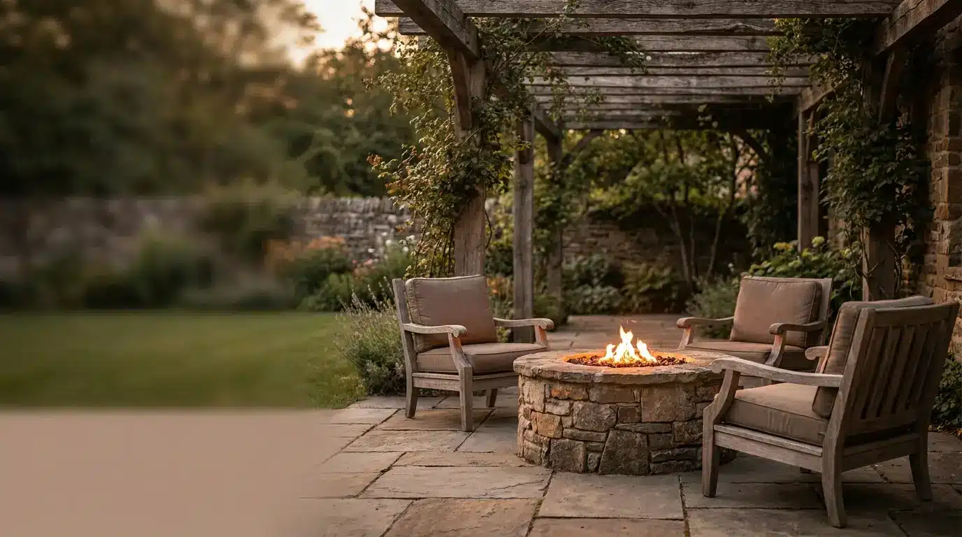Outdoor patio with stone fire pit and wooden chairs under a pergola at sunset
