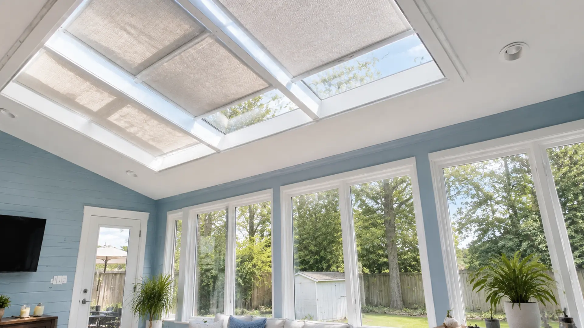 overhead skylight with fitted fabric shades in a blue toned sunroom