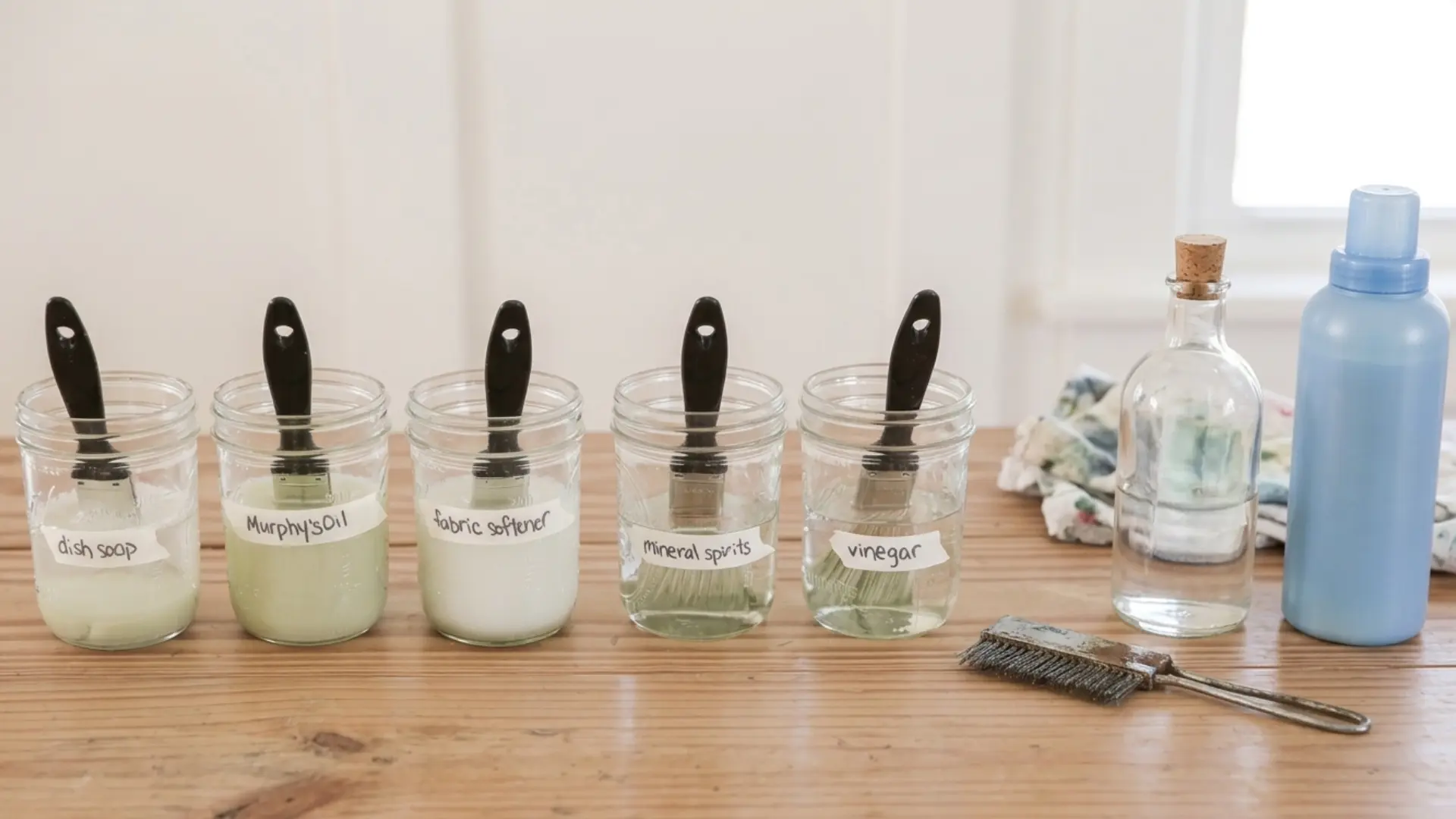 paint brushes soaking in labeled jars of cleaning solutions with a wire comb and bottles nearby