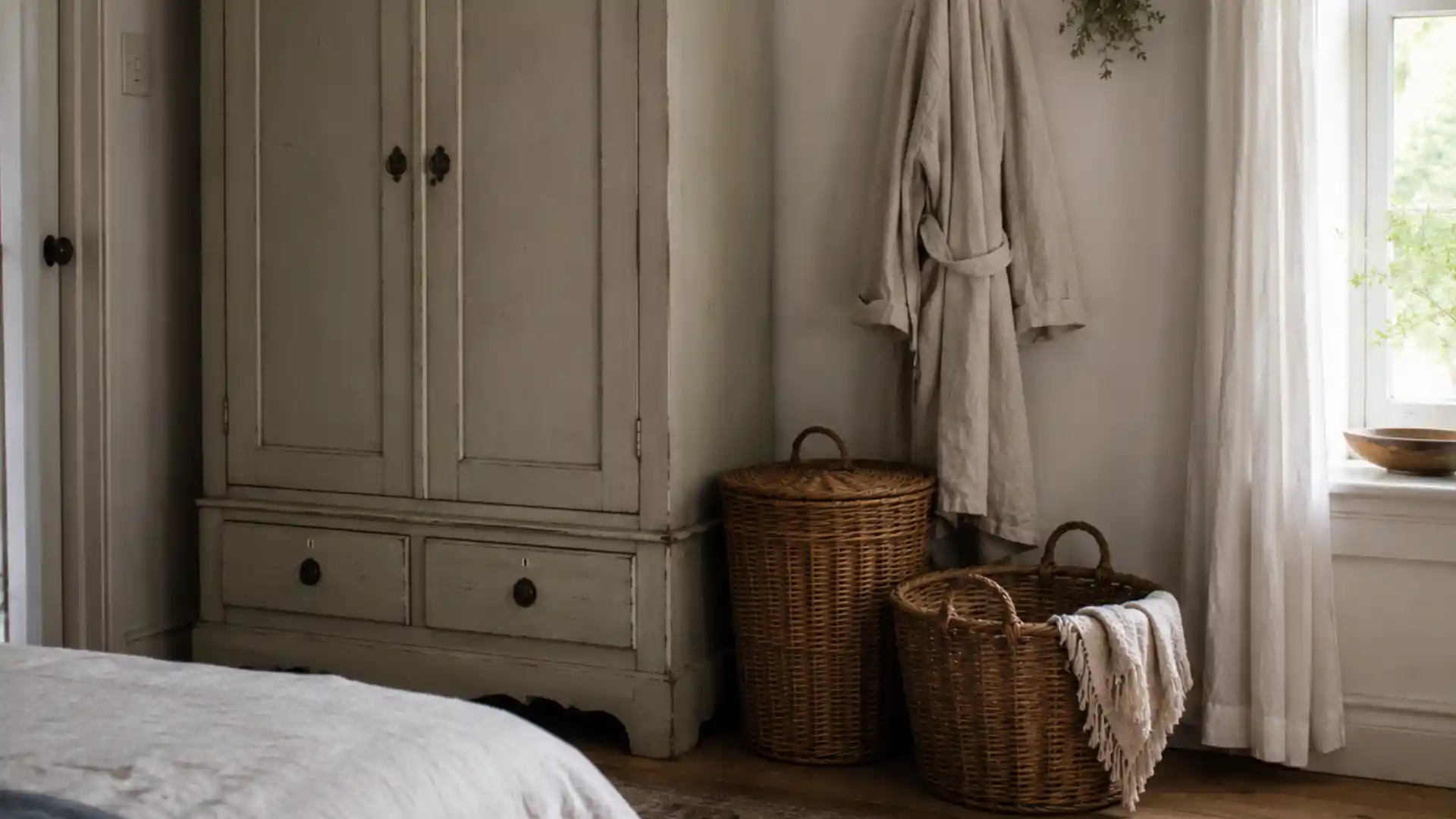 painted armoire with woven baskets and peg rail holding linen robe