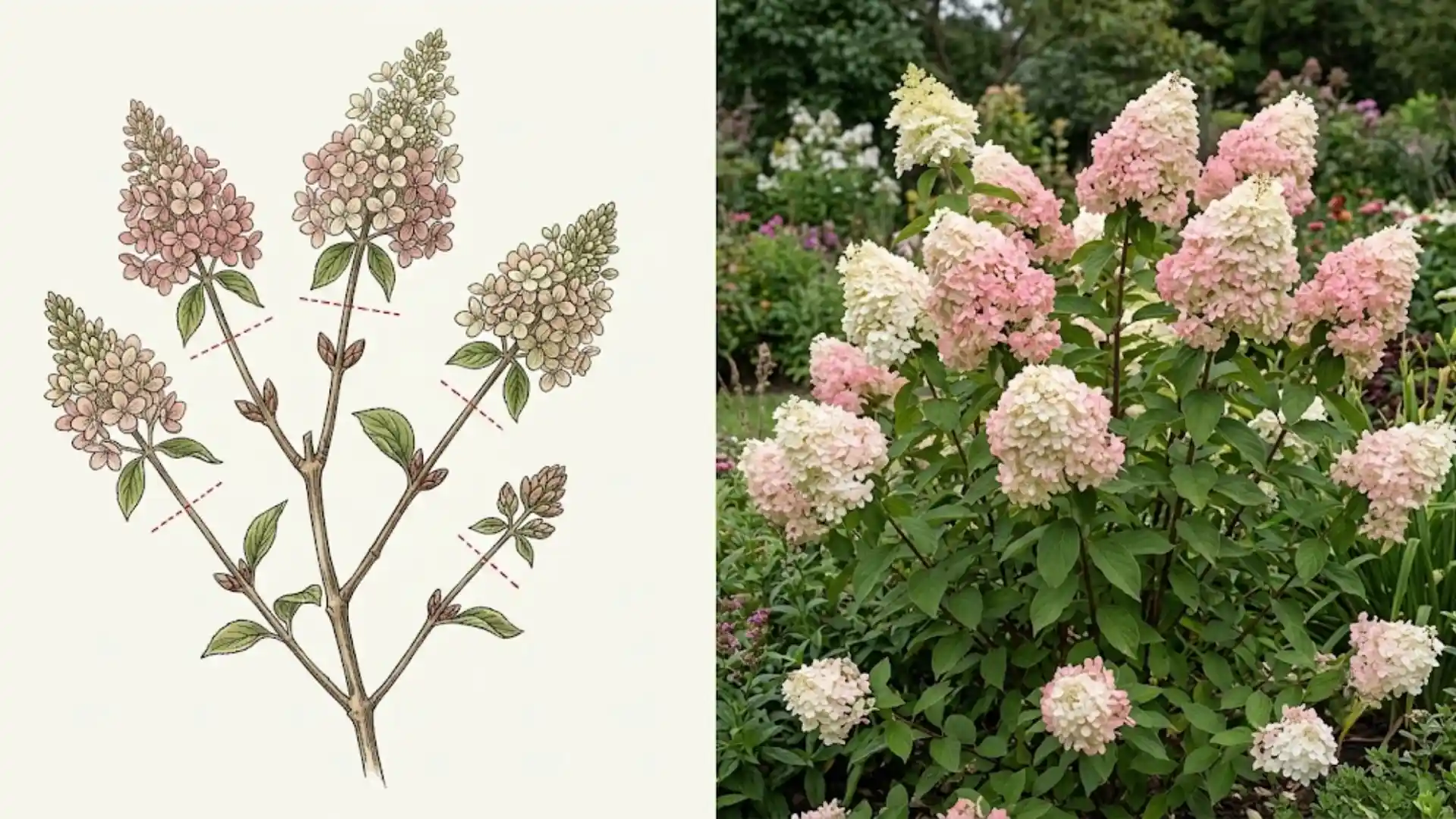 panicle hydrangea cone-shaped blooms beside a botanical illustration of pruning cuts