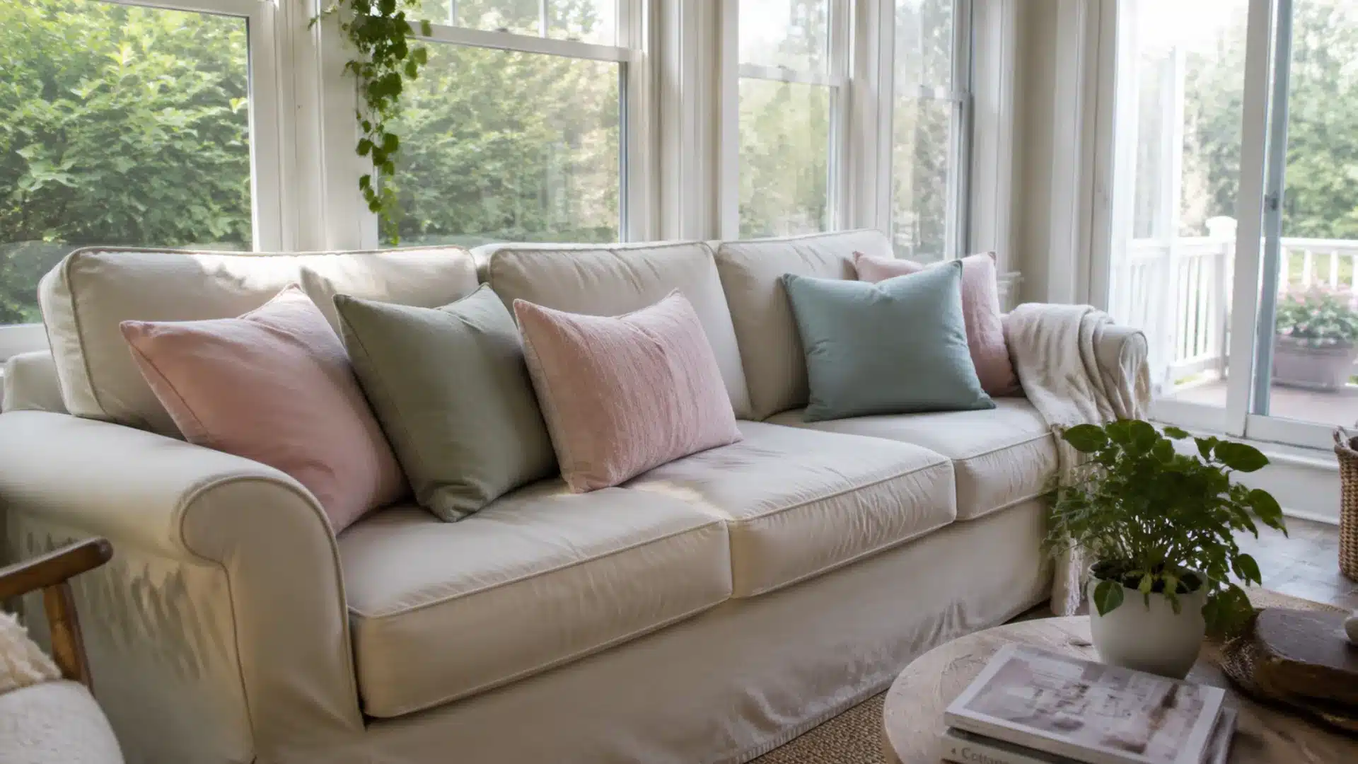 pastel accent pillows on a neutral sofa in a sunroom