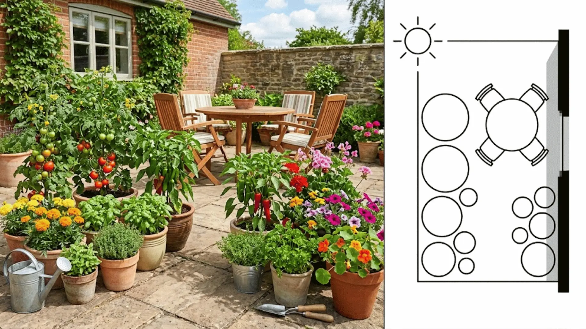 patio container garden beside a simple sun and shade layout sketch