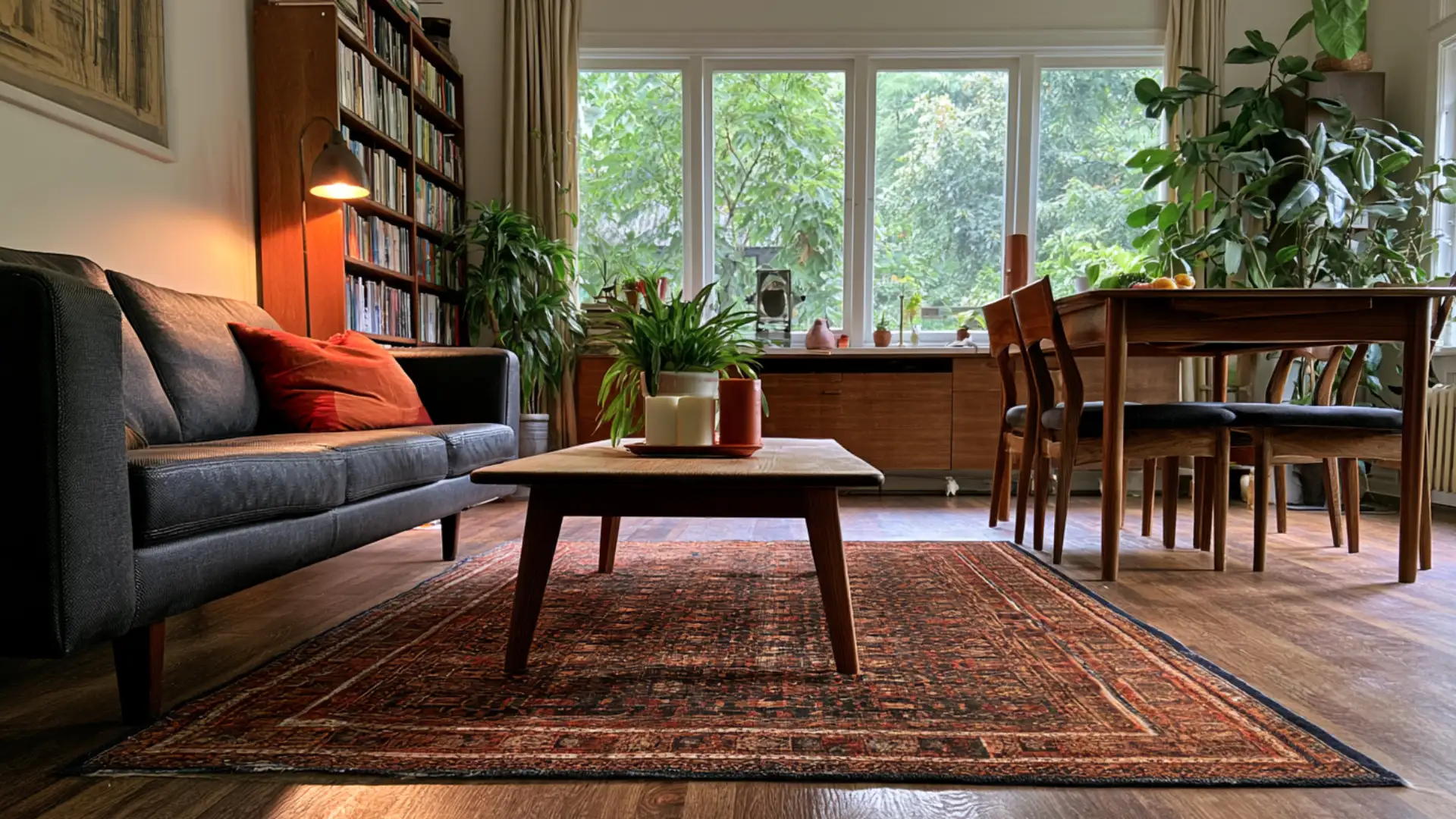 patterned rug under living room sofa separate from wood dining table zone