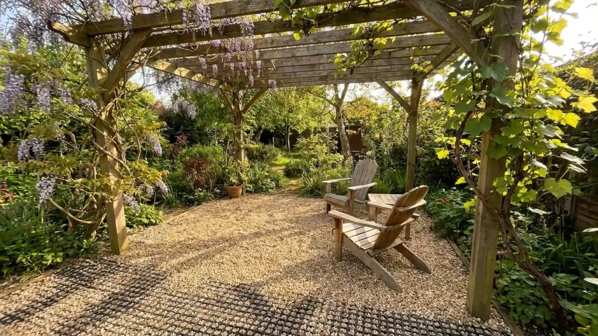 pea gravel patio under wooden pergola with adirondack chairs and wisteria blooms