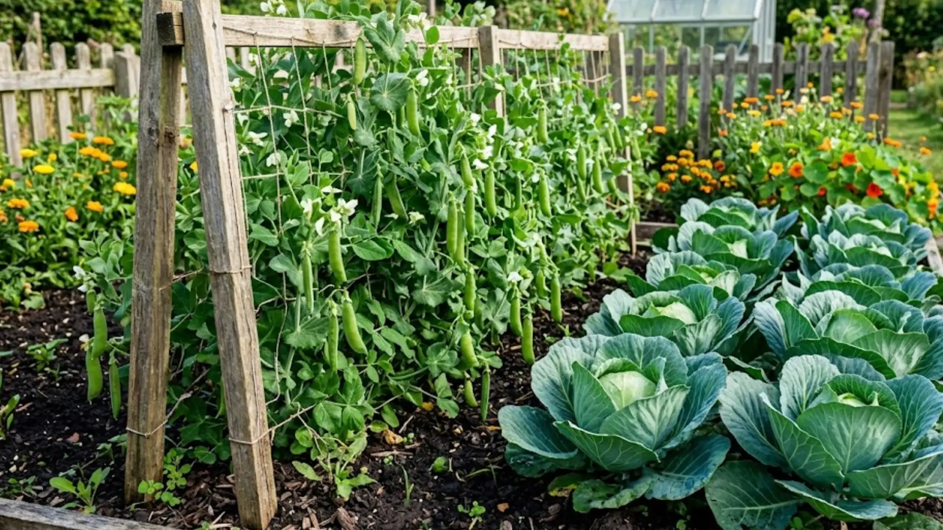 pea vines climbing a trellis beside cabbage plants in a healthy backyard vegetable garden