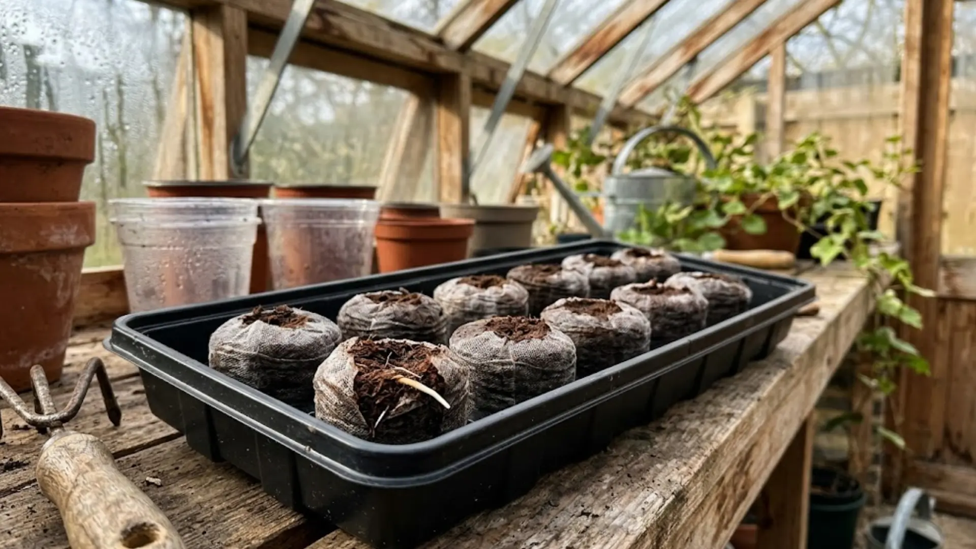 peat pellets sprouting seedlings in a black tray on a rustic greenhouse potting table