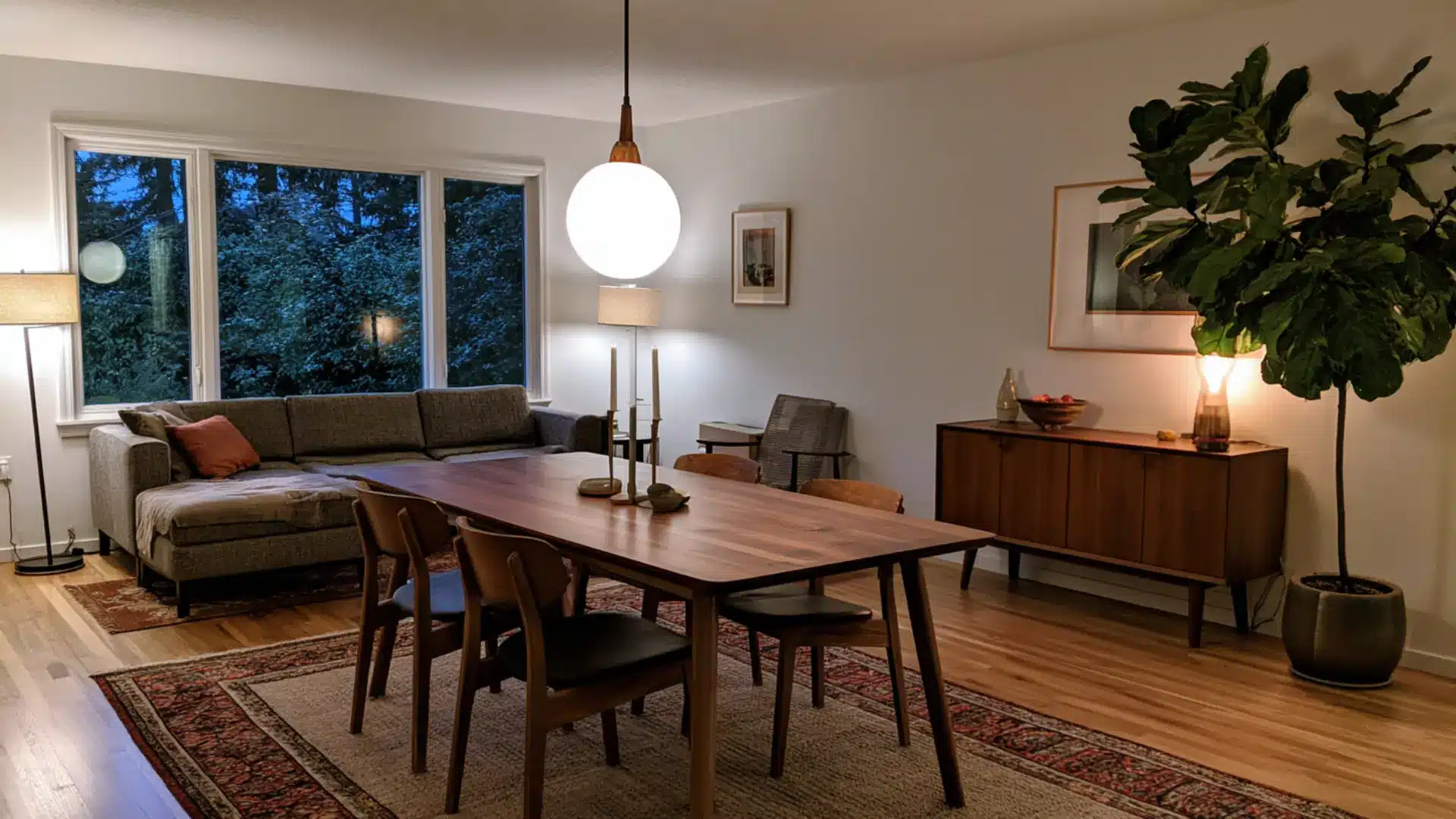 pendant light over dining table and floor lamp lighting living room zone