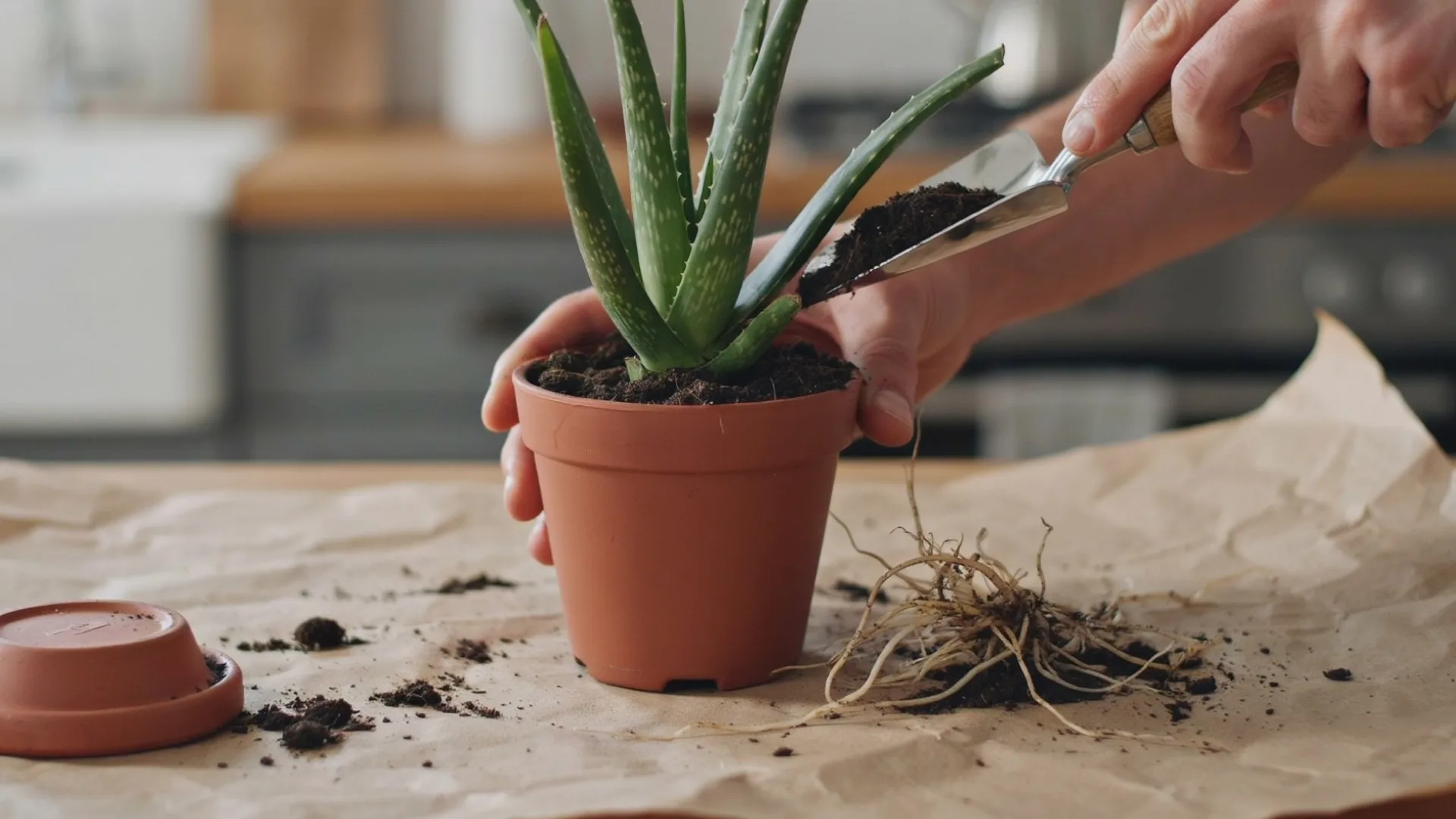 person adding fresh soil to a potted aloe vera plant during repotting, with exposed roots nearby