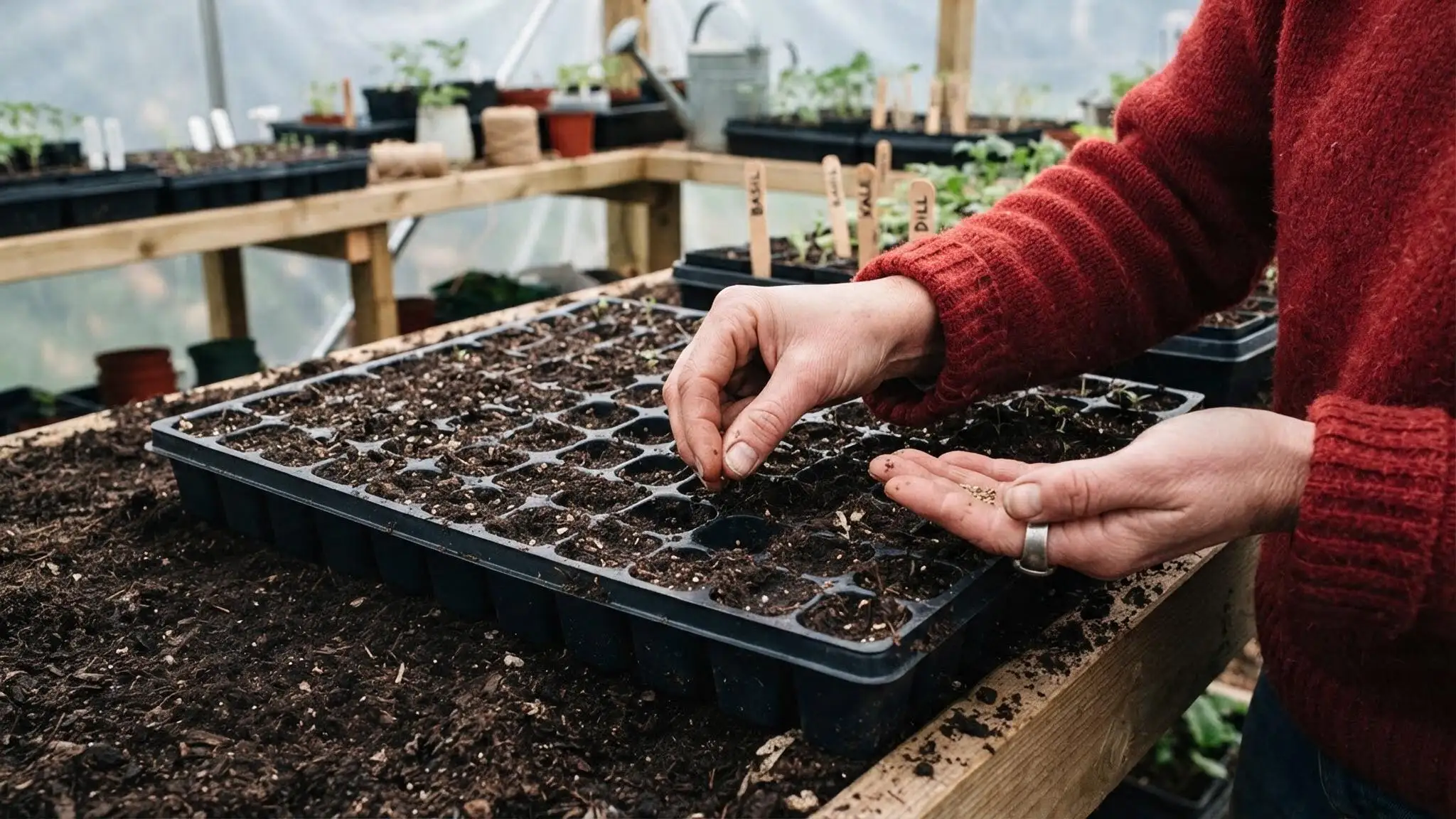 person in a red sweater plants seeds in a tray of soil-filled cells inside a greenhouse