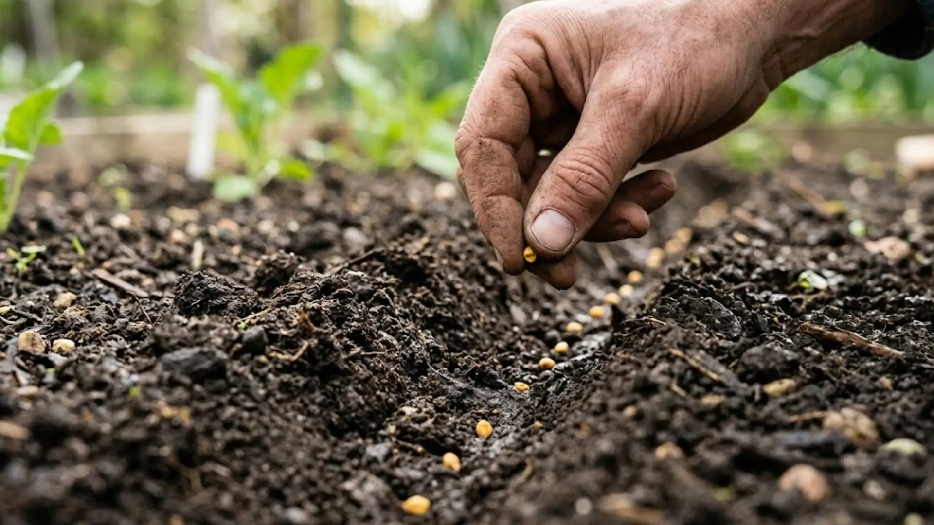 person placing seeds one by one into a shallow row in garden soil with young seedlings growing nearby