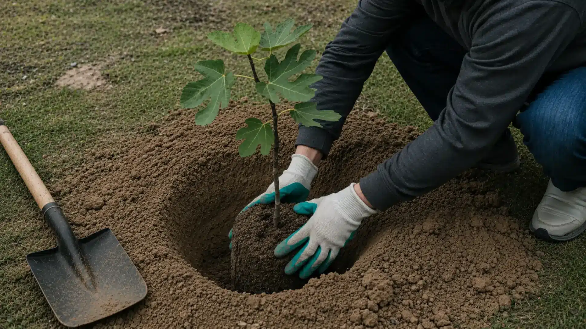 person planting a young black mission fig sapling into a freshly dug garden hole