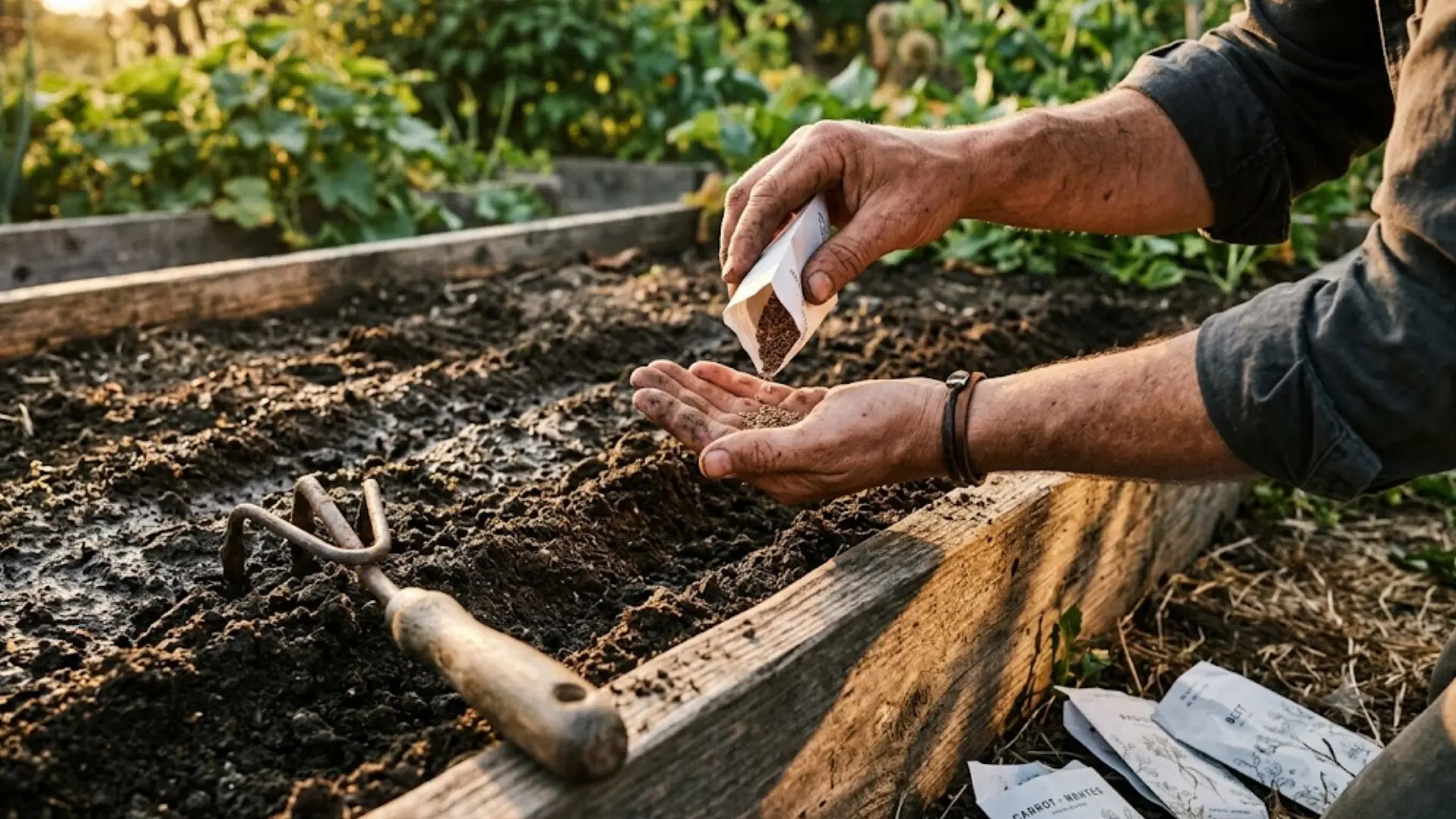 person pouring seeds from a packet into an open palm of his hands above a freshly tilled garden bed