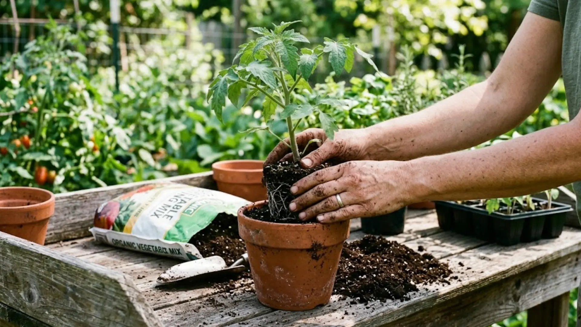 person repotting an overwatered tomato plant into fresh well draining soil