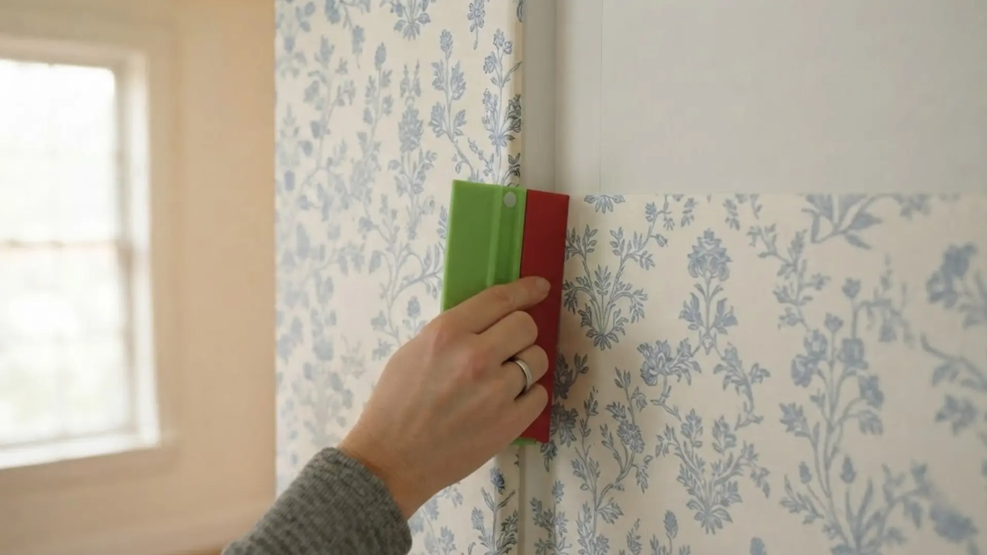 person using a green and red smoothing tool to press wallpaper into an inside corner seam