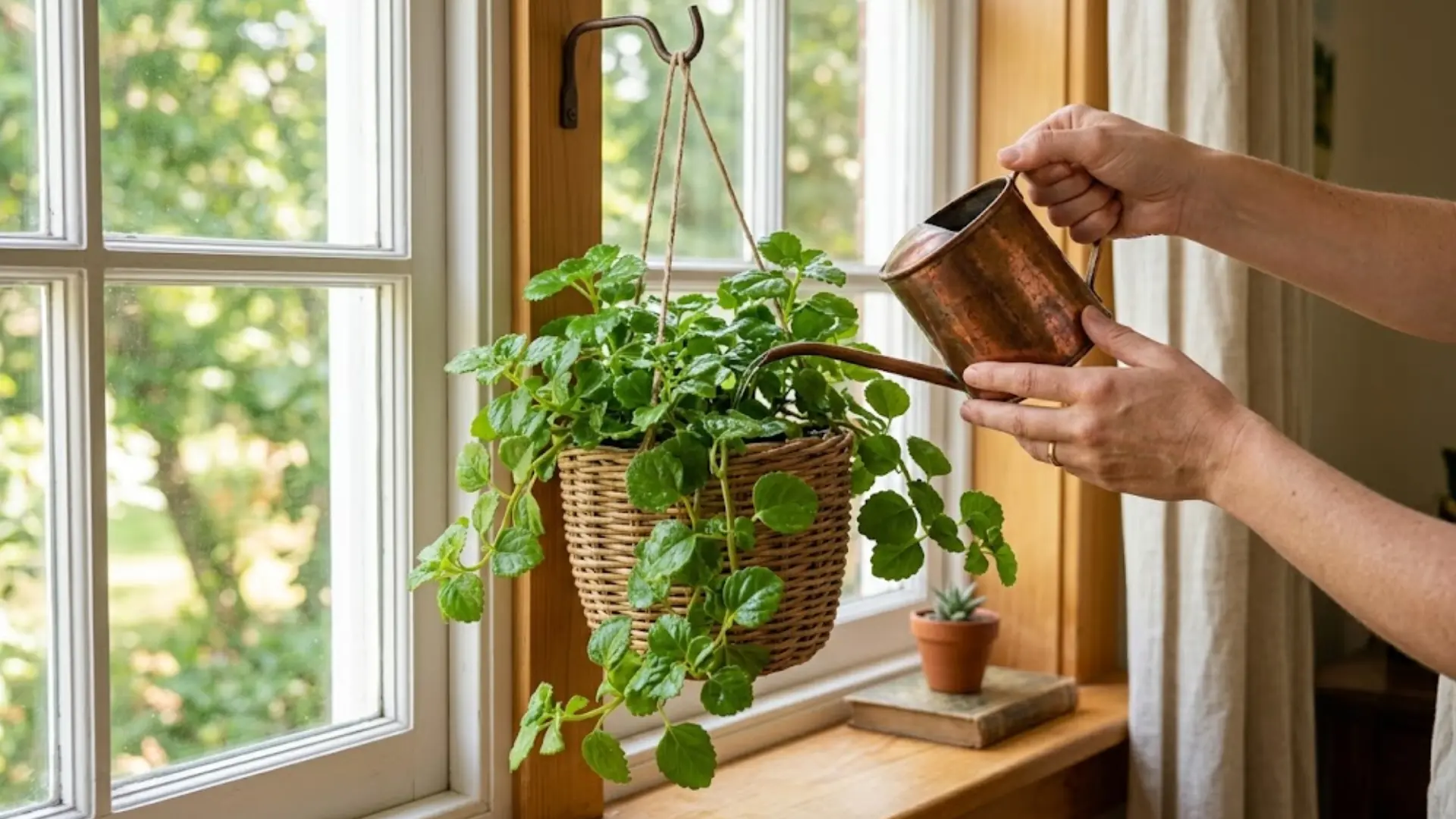 person watering hanging swedish ivy in woven basket planter with copper watering can near window