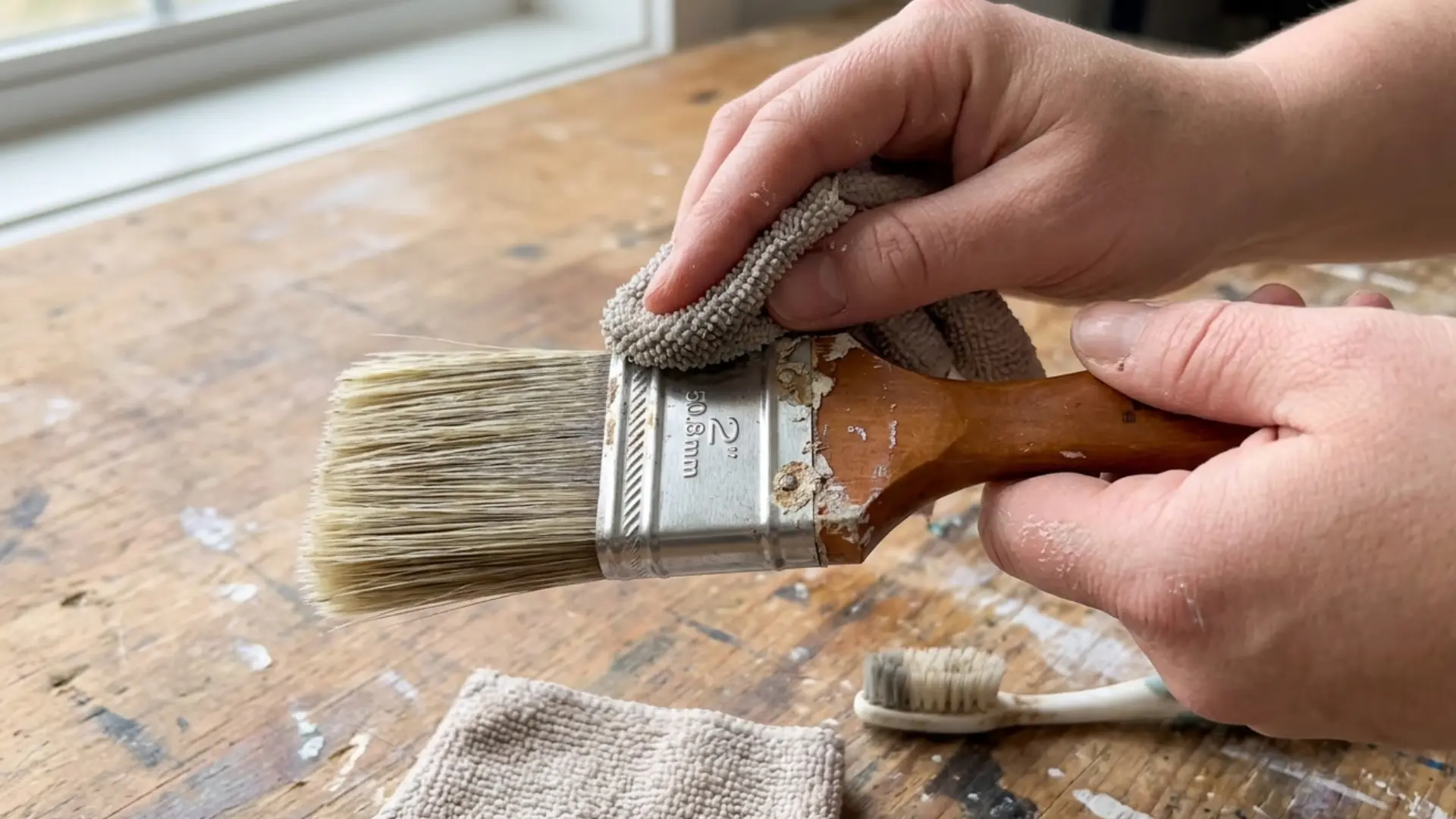 person wiping dried paint off a brush ferrule with a cloth beside a toothbrush and rag