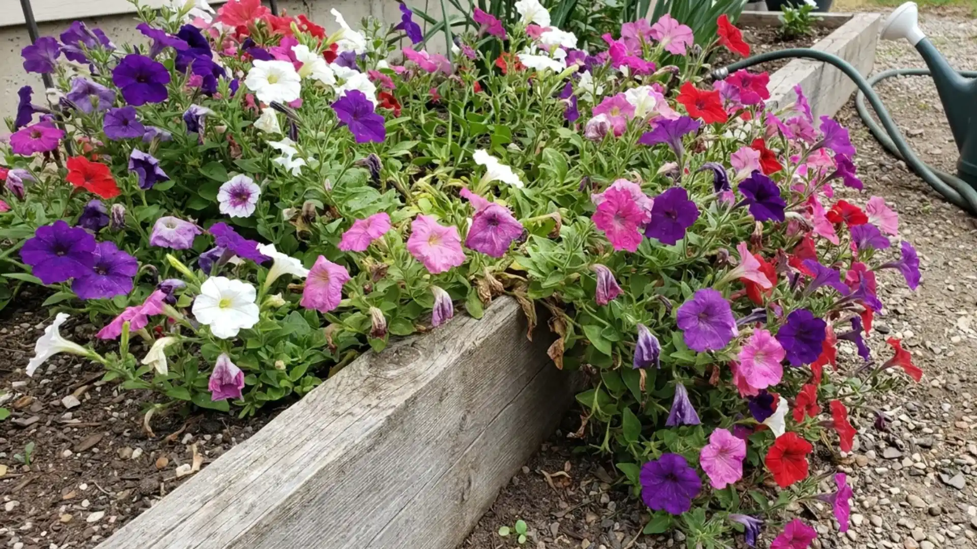petunia flowers spilling over the edge of a garden bed