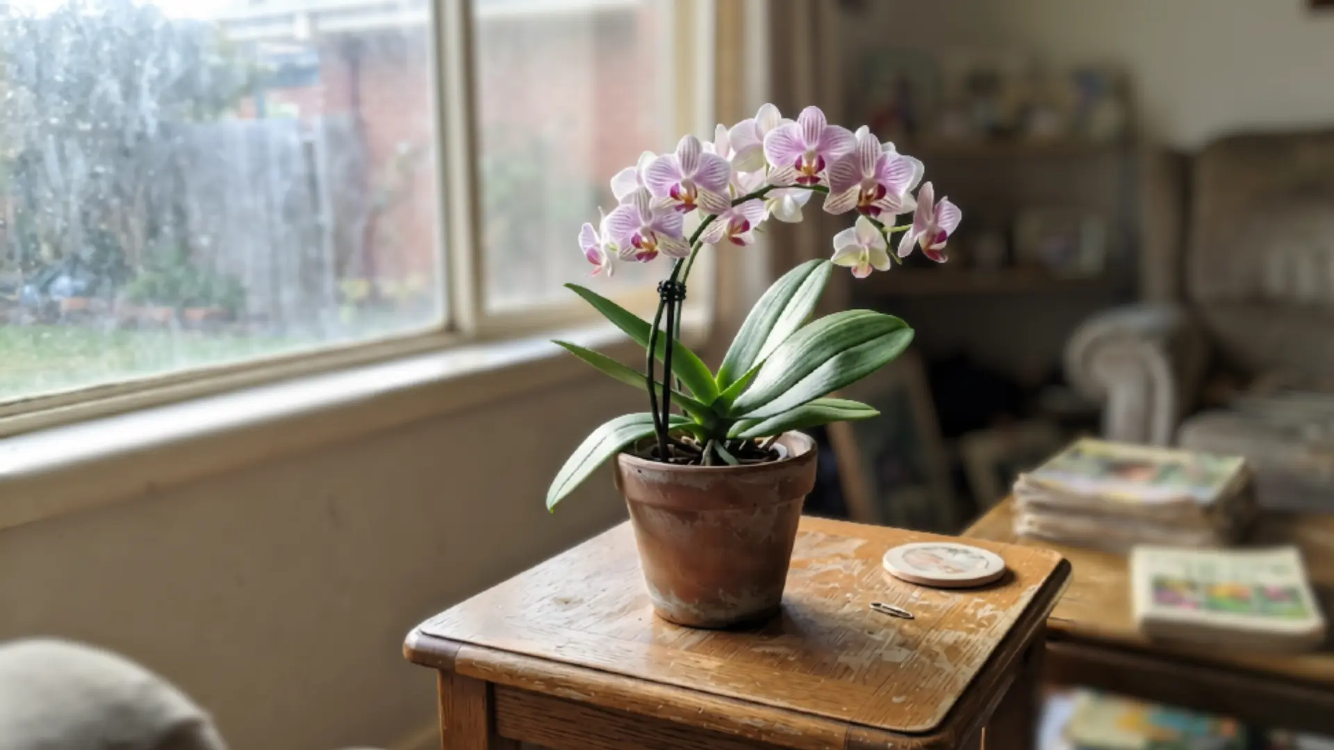 pink orchid blooms in terracotta pot on wooden side table near window