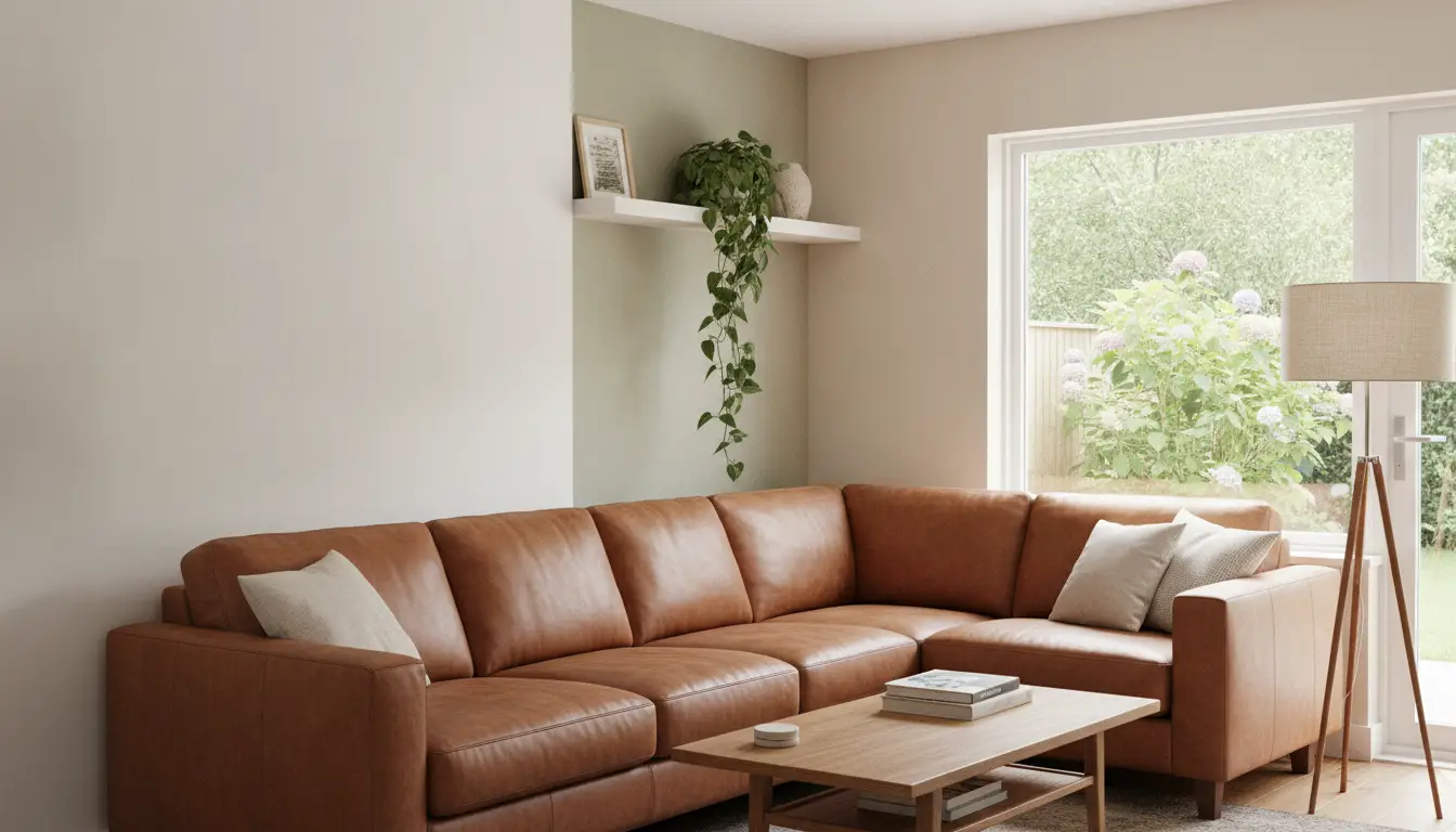 Brown leather sectional sofa with cushions in bright living room near large window and lamp