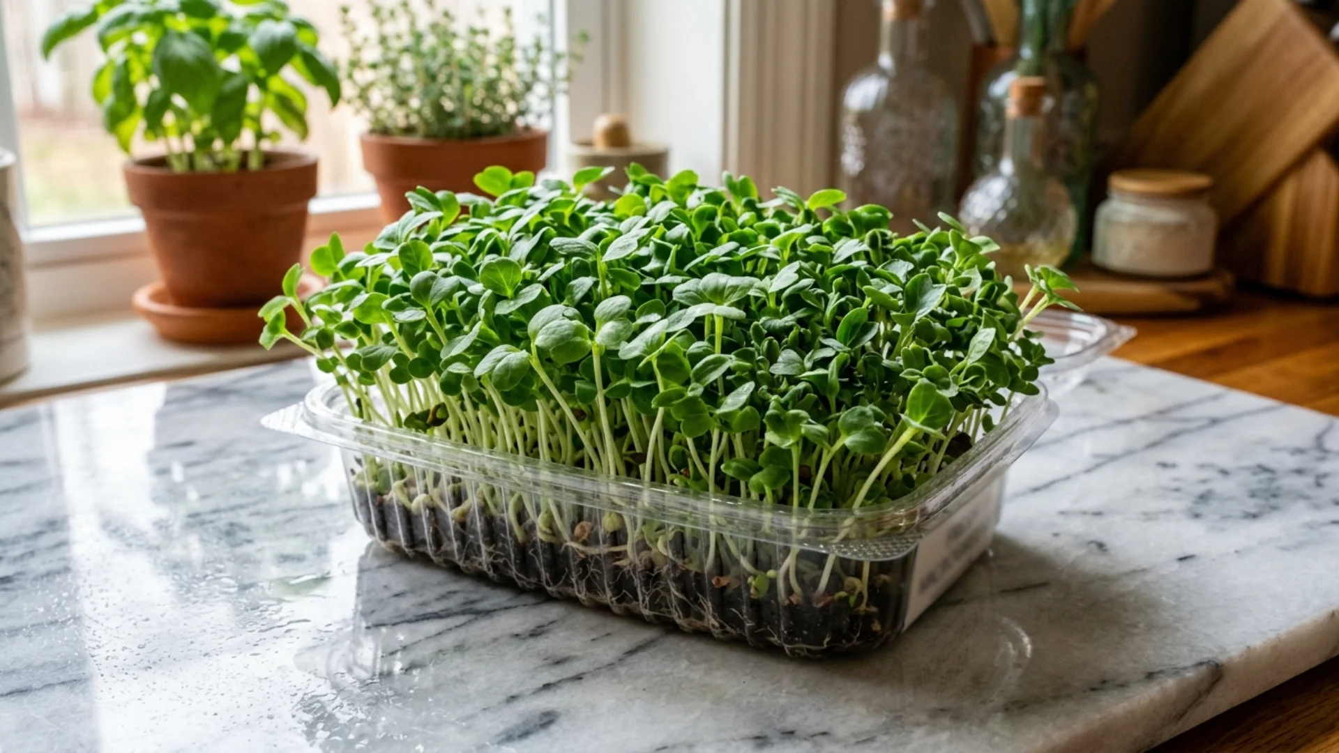 plastic tray of dense green microgreens sits on a marble countertop, with potted plants and kitchen items in the background