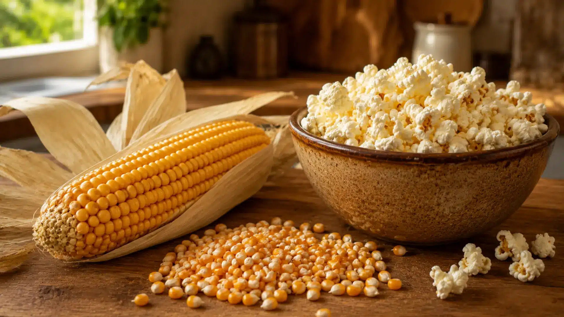 popcorn kernels beside an ear of popcorn corn and a bowl of freshly popped popcorn on a table