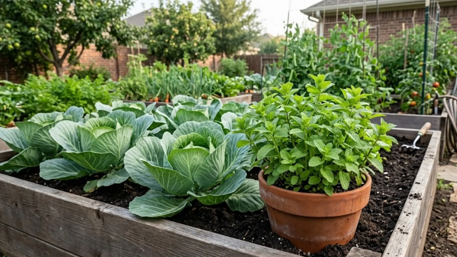 potted mint placed beside cabbage plants to provide benefits without spreading through the garden