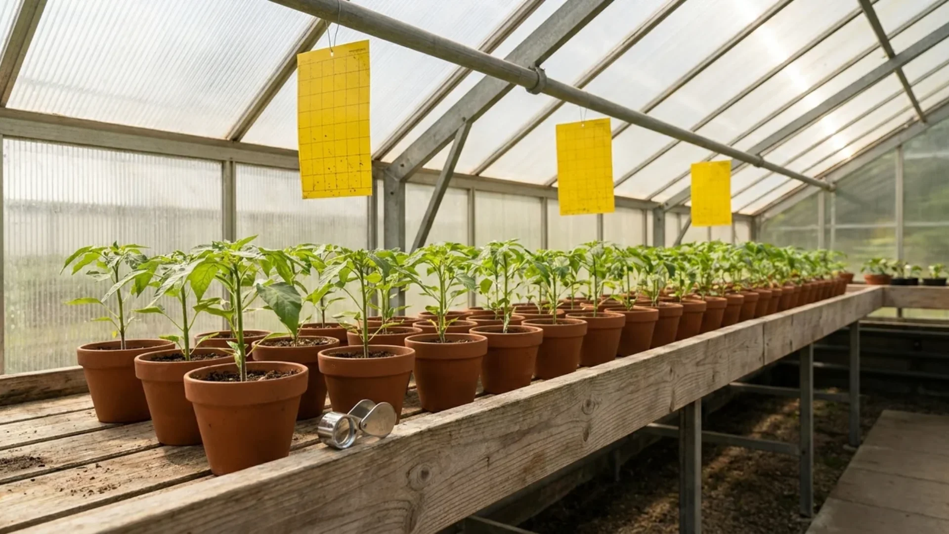 potted seedlings in rows with yellow sticky traps hanging above in a greenhouse