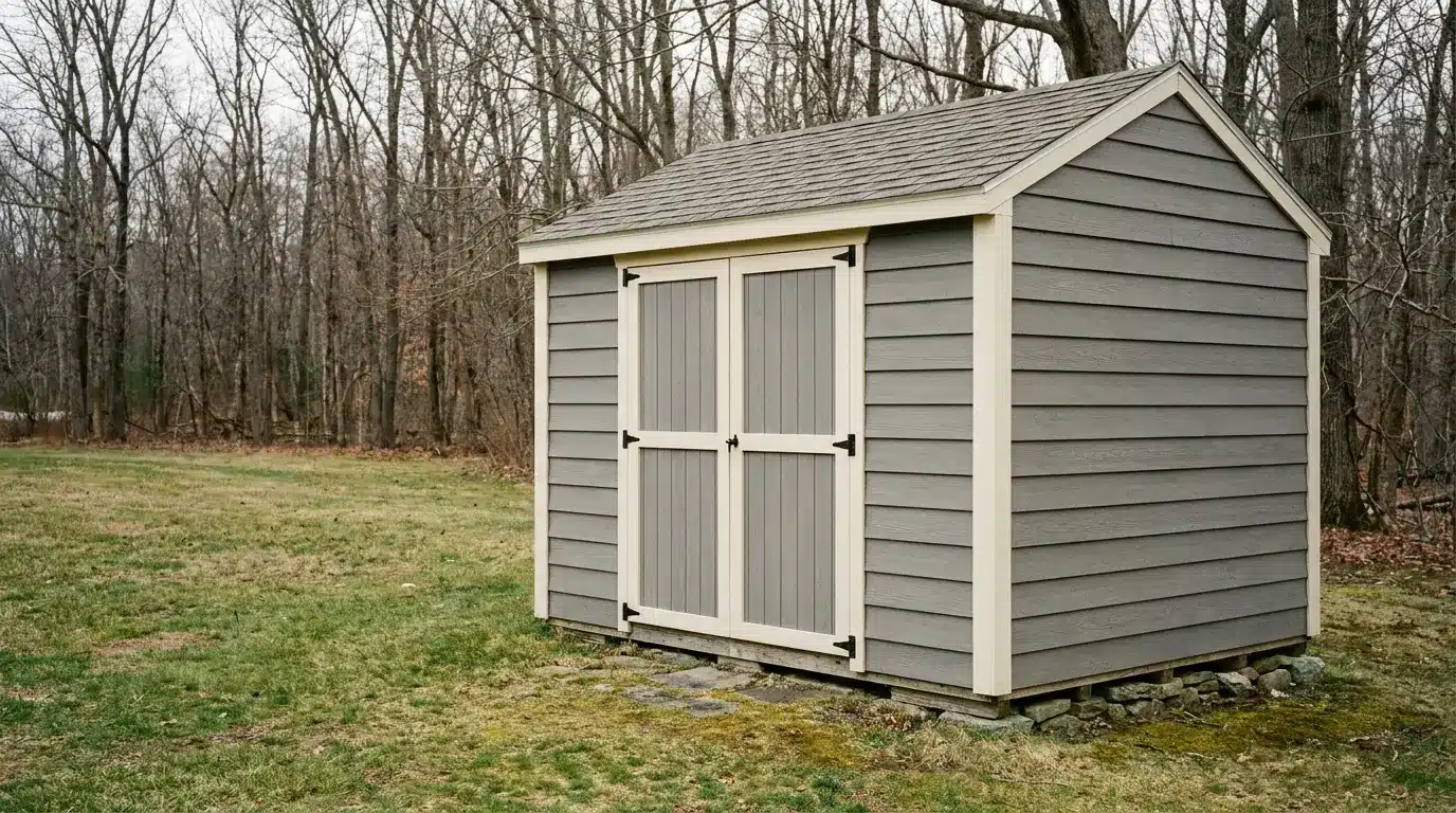 Wooden storage shed with double doors in grassy area near leafless forest