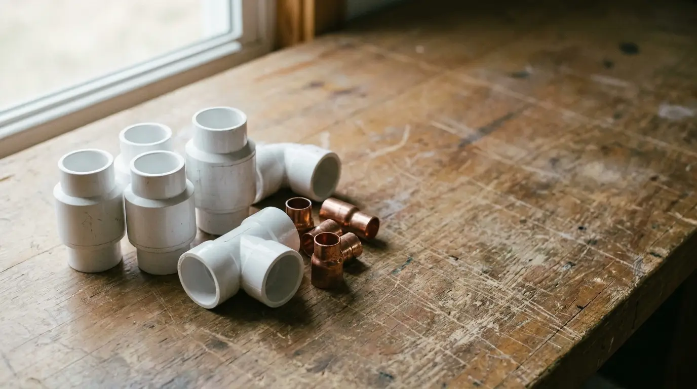 White PVC and copper pipe fittings on a wooden workbench near a window