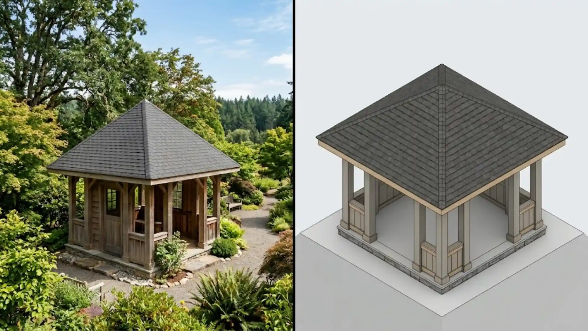pyramid hip roof on square cottage beside 3d rendering of peaked roof structure