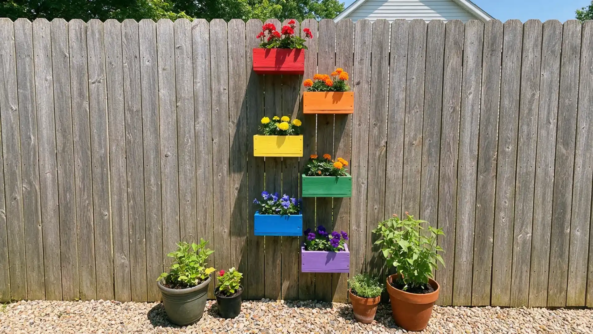 rainbow colored wood box planters mounted on fence with matching colorful flowers