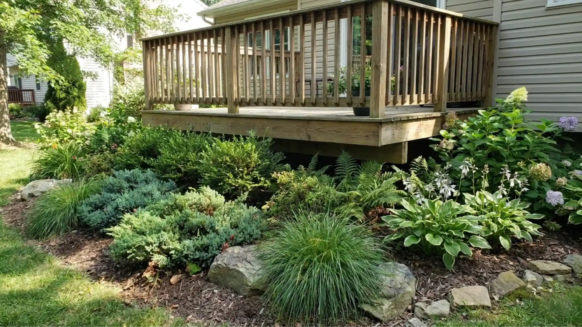 raised deck with layered shrubs and boulders concealing space below