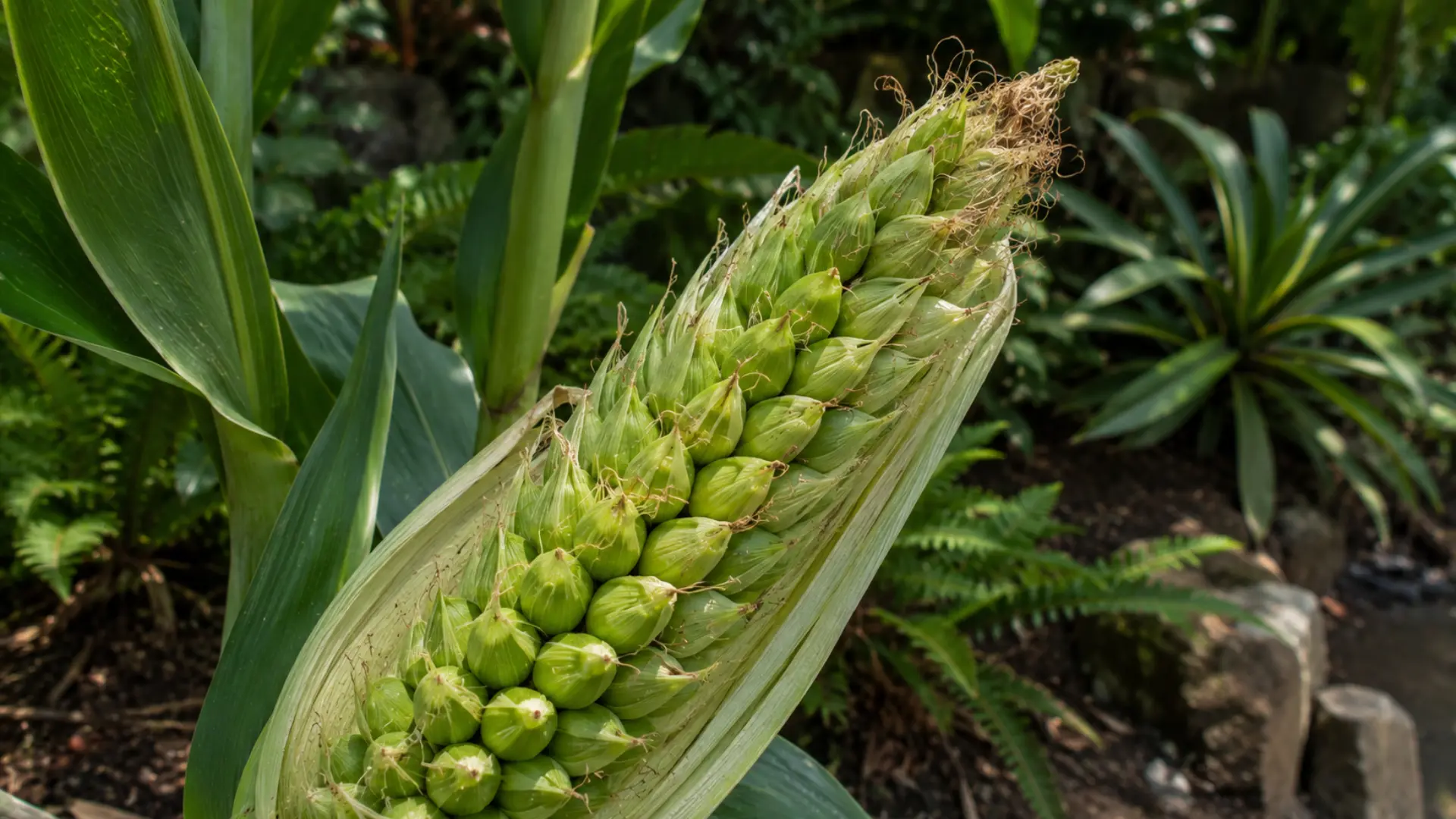 rare pod corn ear with each kernel enclosed in leafy husks displayed in natural outdoor light
