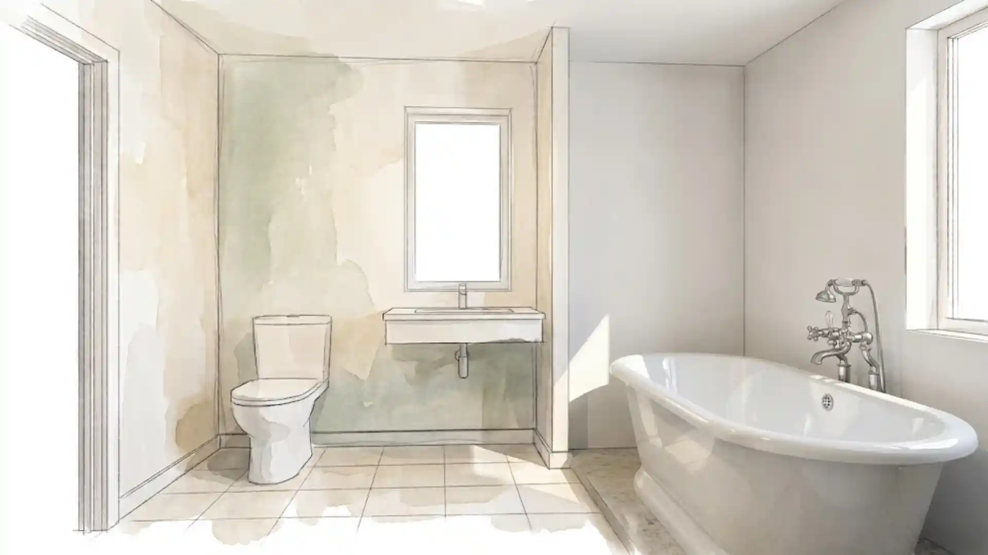 realistic freestanding bathtub highlighted in sketched watercolor bathroom