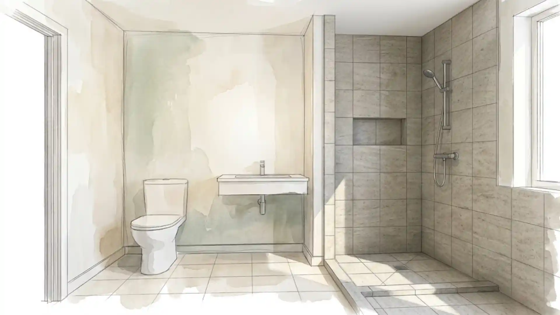 realistic tiled walk-in shower highlighted in sketched watercolor bathroom