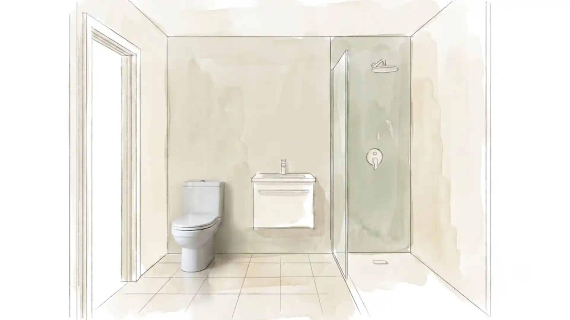 realistic toilet highlighted in sketched watercolor 3/4 bathroom scene