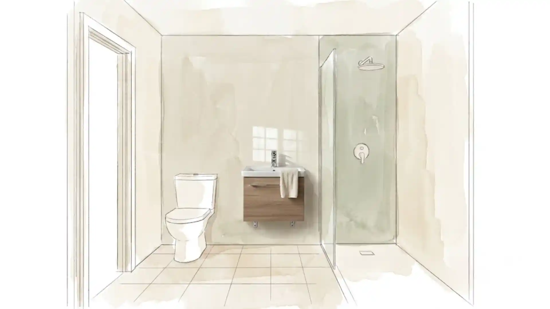realistic wall-mounted vanity sink highlighted in sketched watercolor bathroom