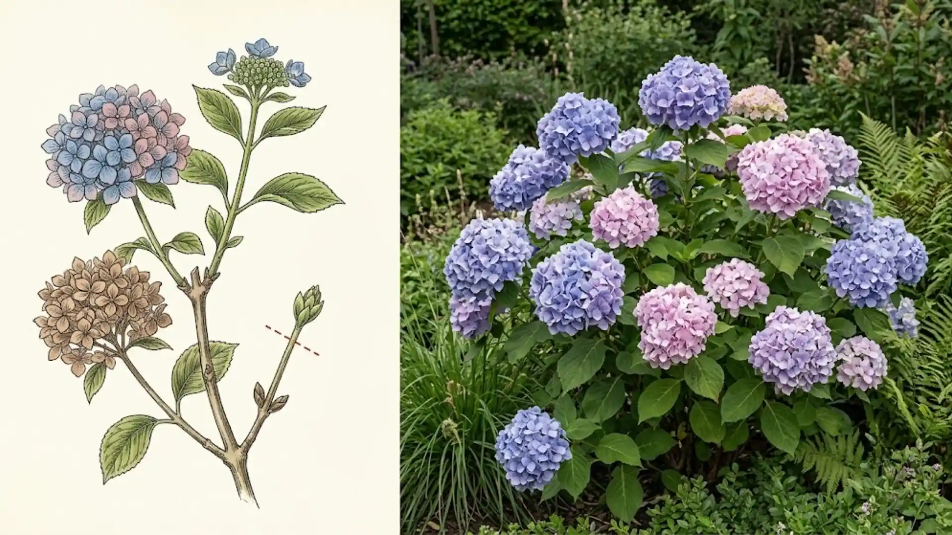 reblooming endless summer hydrangea beside a botanical illustration of a light prune