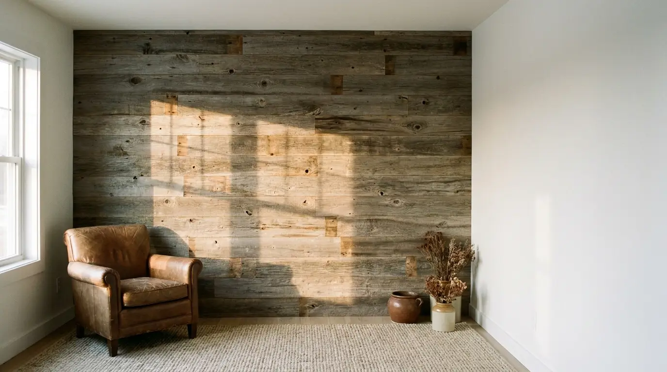 Brown leather armchair against rustic wood accent wall in bright living room