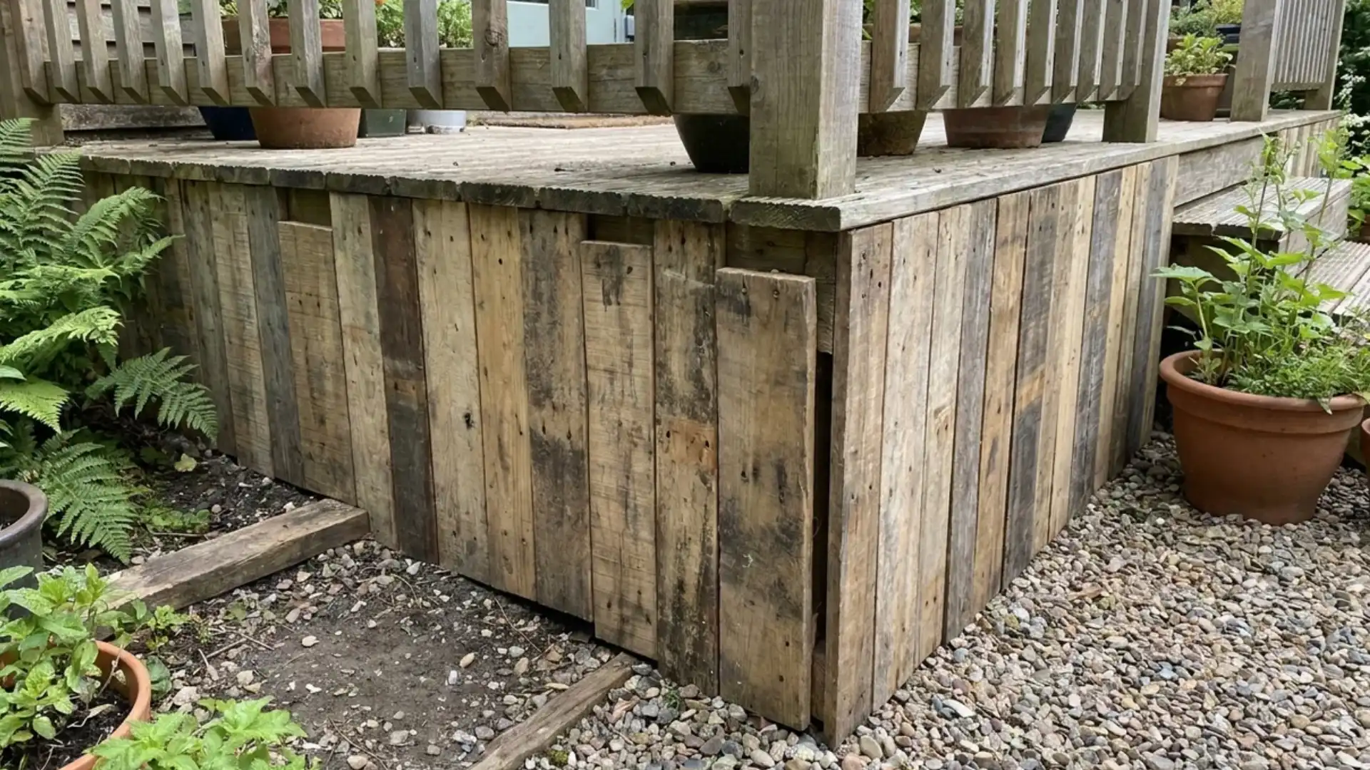 recycled pallet wood deck skirting corner with potted plants on gravel