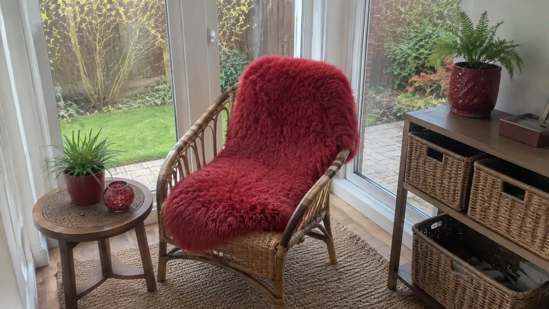 red faux fur throw draped over a rattan chair in a cozy sunroom corner