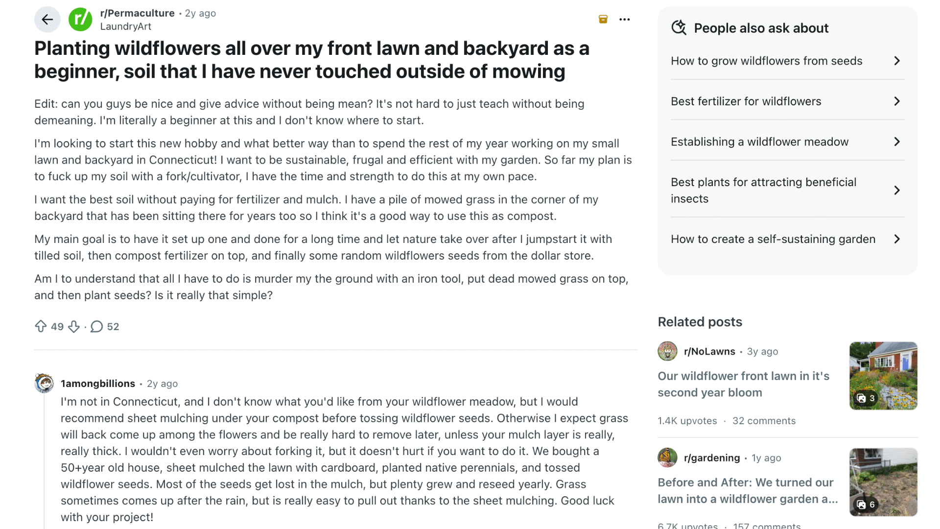 reddit post with text about preparing connecticut soil and replies recommending sheet mulching