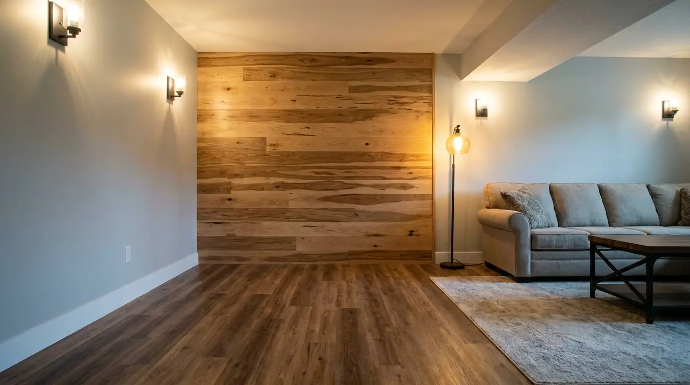 Modern living room with wood accent wall, gray sofa, and warm lighting fixtures