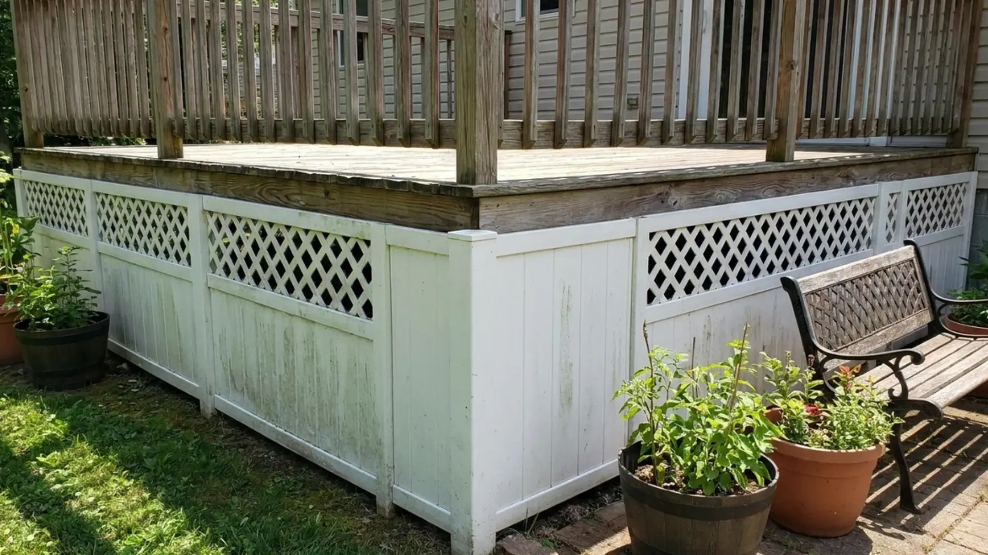 repurposed white vinyl fence panels used as deck skirting with roses and flowers