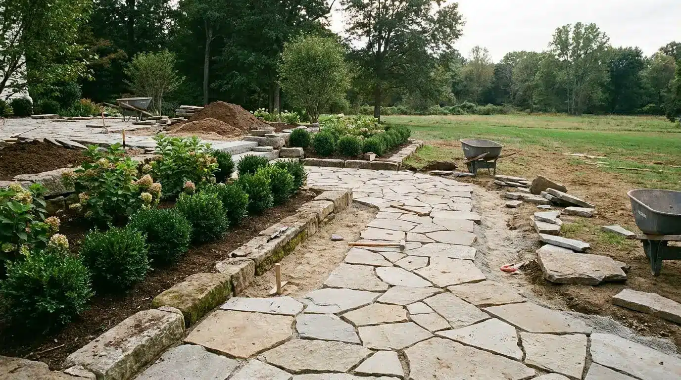 Stone walkway under construction in a garden with shrubs and wheelbarrows