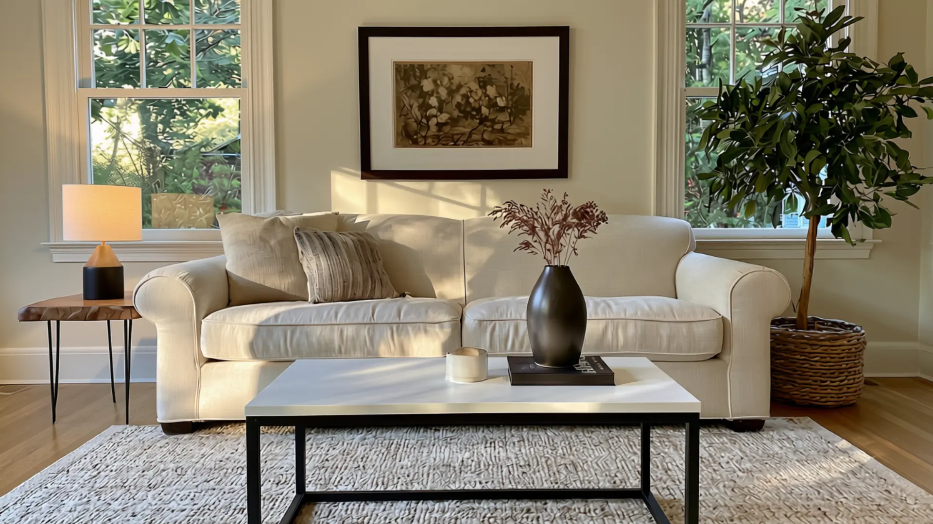 rolled arm sofa paired with modern black and white coffee table